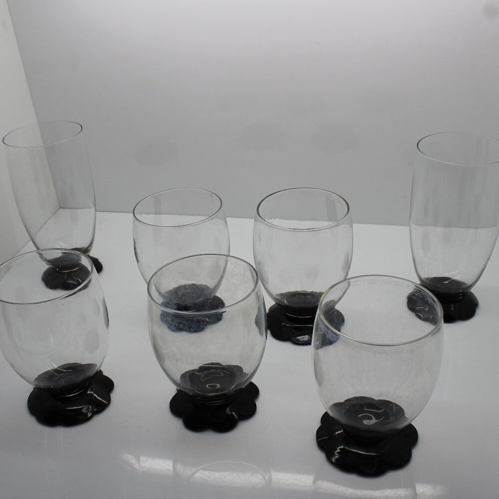 1930s Set of 7 Weston Lilly Pad Foot Black Glasses 2- 3 5/8”, 3- 4", 2- 5 3/8"